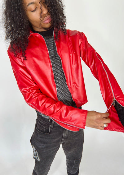Zipped red leather jacket